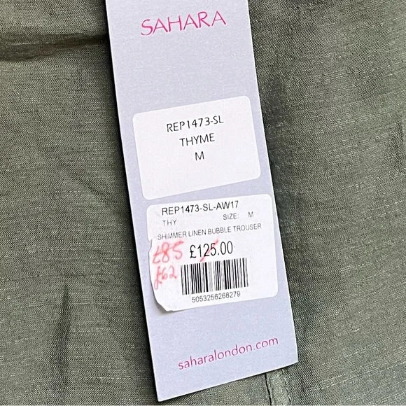 Sahara 50% Linen Balloon Trousers In Colour Thyme Size Medium UK 12 - Picture 4 of 9